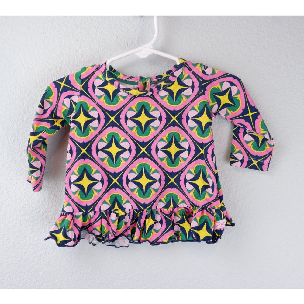 Ruffle Butts Pink, Blue & Green Pattern Baby Shirt, size 3-6 months